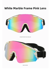 Detailed front and side views of white marbled ski goggles with pink gradient lenses