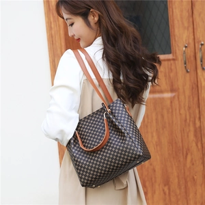 Vintage brown geometric print shoulder bag and tote handbag set for women's daily style