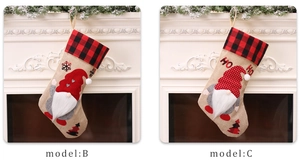Detail of Model B and C Christmas stockings with gnome appliques and buffalo plaid cuffs