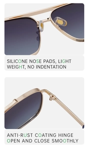Detail of soft silicone nose pads and durable anti-rust metal hinges on square sunglasses