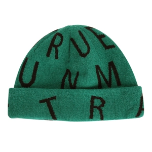 Green knit beanie with black bold letter patterns and trendy turn-up cuff design