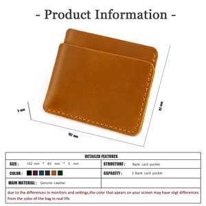 Detailed size specifications for minimalist brown genuine leather slim card holder