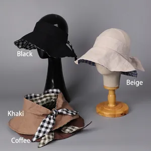 Linen open top sun hat for women with wide brim and bow, available in four colors