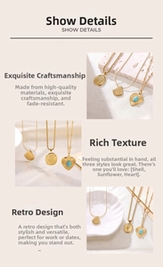 Detailed views of gold shell, sunflower coin, and turquoise heart pendants in retro style