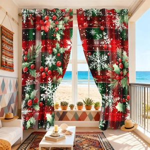 Festive Christmas velvet curtain with red and green plaid snowflakes in a coastal room
