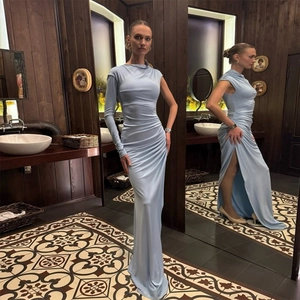 Elegant light blue bodycon dress with one-shoulder sleeve and side slit for women