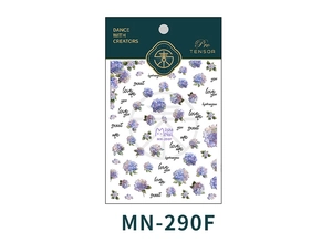 Detailed view of watercolor hydrangea nail decals with floral patterns and script text