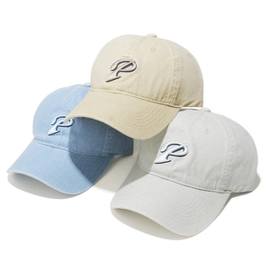 Vintage washed cotton baseball caps with P letter embroidery in beige, blue, and grey colors