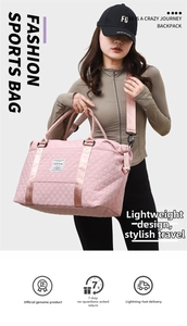 Detailed view of pink quilted yoga bag with crossbody strap on sporty model in studio