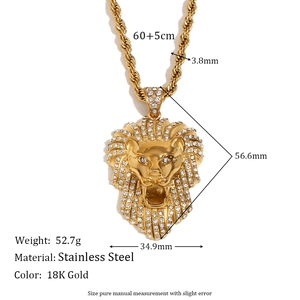 Collier hip-hop tête de lion en acier inoxydable plaqué or 18K avec strass brillants