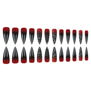 24 faux ongles stiletto longs avec dégradé rouge noir et texture en relief 3D élégante