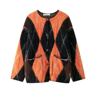 Cardigan Argyle Femme Tricot Moelleux Vintage Halloween Couleur Citrouille Tricots Rétro Amples Avec Poches