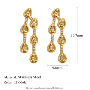 Water drop zirconia stud earrings in 18K gold plated stainless steel on white background
