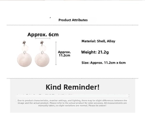 Detailed size map of oversized shell earrings with alloy accents and dimensions