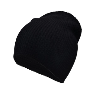 Close-up of the ribbed knit texture and soft elastic fabric of this black winter beanie