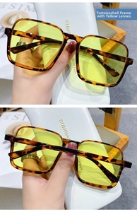 Detailed view of tortoiseshell square sunglasses frame with vintage yellow lenses
