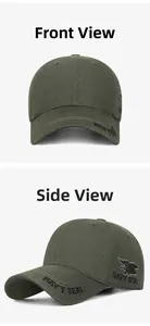 Detailed embroidery of Navy Seal logo on green tactical camo baseball cap with eagle patch