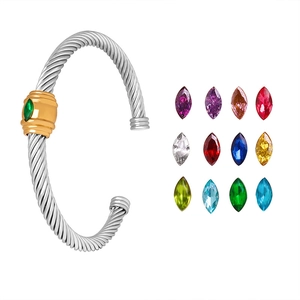 Silver cable cuff bracelet with gold accents and colorful marquise zircon stones