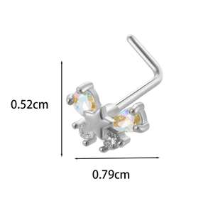 Detailed view of L-shaped titanium nose stud with butterfly charm and size dimensions