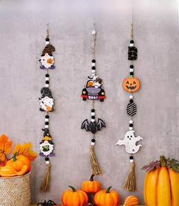 Halloween Holzperlengirlande Set mit Kürbis, Fledermaus und Geist Anhängern für Deko