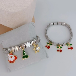 Italian style charm bracelet with Christmas and cherry pendants in polished stainless steel