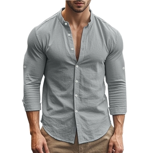 Detail of grey men's slim fit shirt featuring a stand collar and white buttons