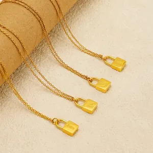 Padlock Initial Pendant Necklace 18K Gold Plated 304 Stainless Steel Gothic Letter A-Z Retro Punk Jewelry For Women
