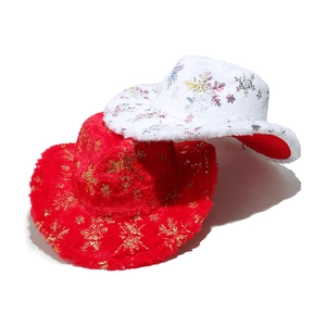 Red and white plush Christmas cowboy hats with gold snowflake patterns for festive parties