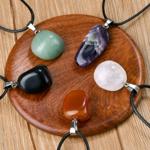 Irregular natural stone pendant necklace set with black cord for men and women