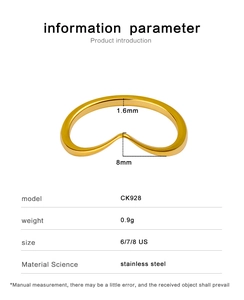 Detailed size specifications for a wavy heart-shaped stainless steel gold ring