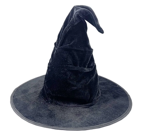 Detail of black velvet Halloween witch hat with pleated design and soft texture