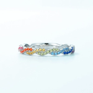 Elegant S925 sterling silver rainbow zircon ring with twisted braided gemstone design