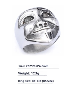 Close-up of gothic skull ring showing detailed metal mask carving and dimensions