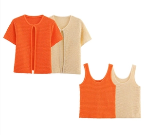Detailed knit texture of orange and beige sleeveless vest with matching short cardigan sets