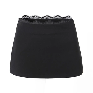 Mini Jupe Pour Femmes Avec Bordure En Dentelle Mélange Polyester Rayonne Taille Haute Noir Sexy Chic Streetwear