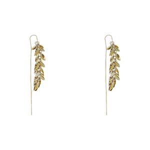 Golden metal leaf tassel earrings with long chain design in premium gold plating