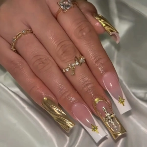 Long Coffin Press On Nails Gold Metallic White French Design With Rhinestone Cross Luxury Gothic Style For Women