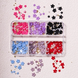 Mixed 3D resin flowers and pearls in a 6-grid box for professional nail art decoration