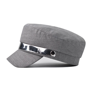 Detailed view of grey cadet hat showing twill fabric and silver metallic M band
