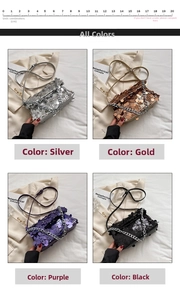 Sequin evening handbag detail in silver, gold, purple, and black with metal chain straps