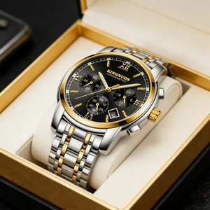 Detail view of men's stainless steel watch with black dial and date window