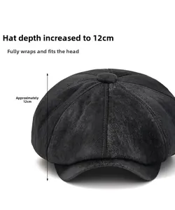 Detail view of black newsboy cap featuring 12cm deep crown design for better head coverage