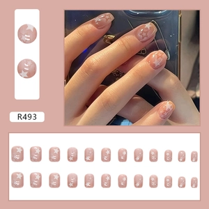 Star pattern press-on nails with ombre pink base and 24 pieces short round fake nails
