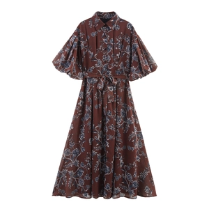 Women Coffee Floral Chiffon Maxi Dress Puff Sleeve Lapel Collar Retro A-Line Summer Vacation Elegant Waist Tie