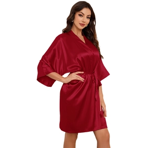 Elegant dark red satin kimono robe with v-neck and waist tie for women's loungewear