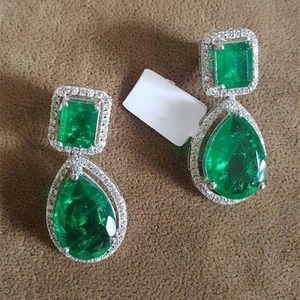 Emerald Green Teardrop Dangle Earrings Copper Zircon Pear Rectangular Halo Bridal Wedding Evening Luxury Jewelry For Women
