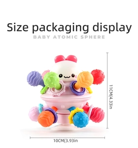 Close-up of baby sensory teething toy showing colorful soft tubes and 11cm size dimensions