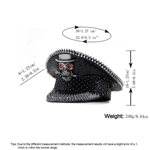 Punk style captain hat with black sequins, silver studs and a skull badge for Halloween