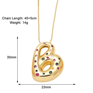 Detailed size view of a 18K gold-plated letter B necklace with colorful zircon stones