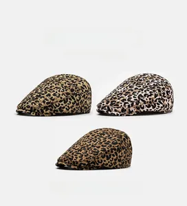 Three variations of leopard print flat caps with vintage cotton texture and soft top design